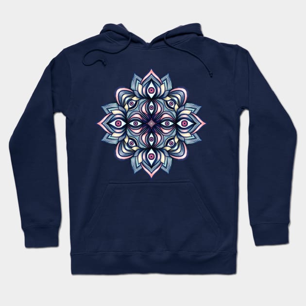 Psychedelic Eye Monster Blue Trippy Creepy Mandala Hoodie by Boriana Giormova